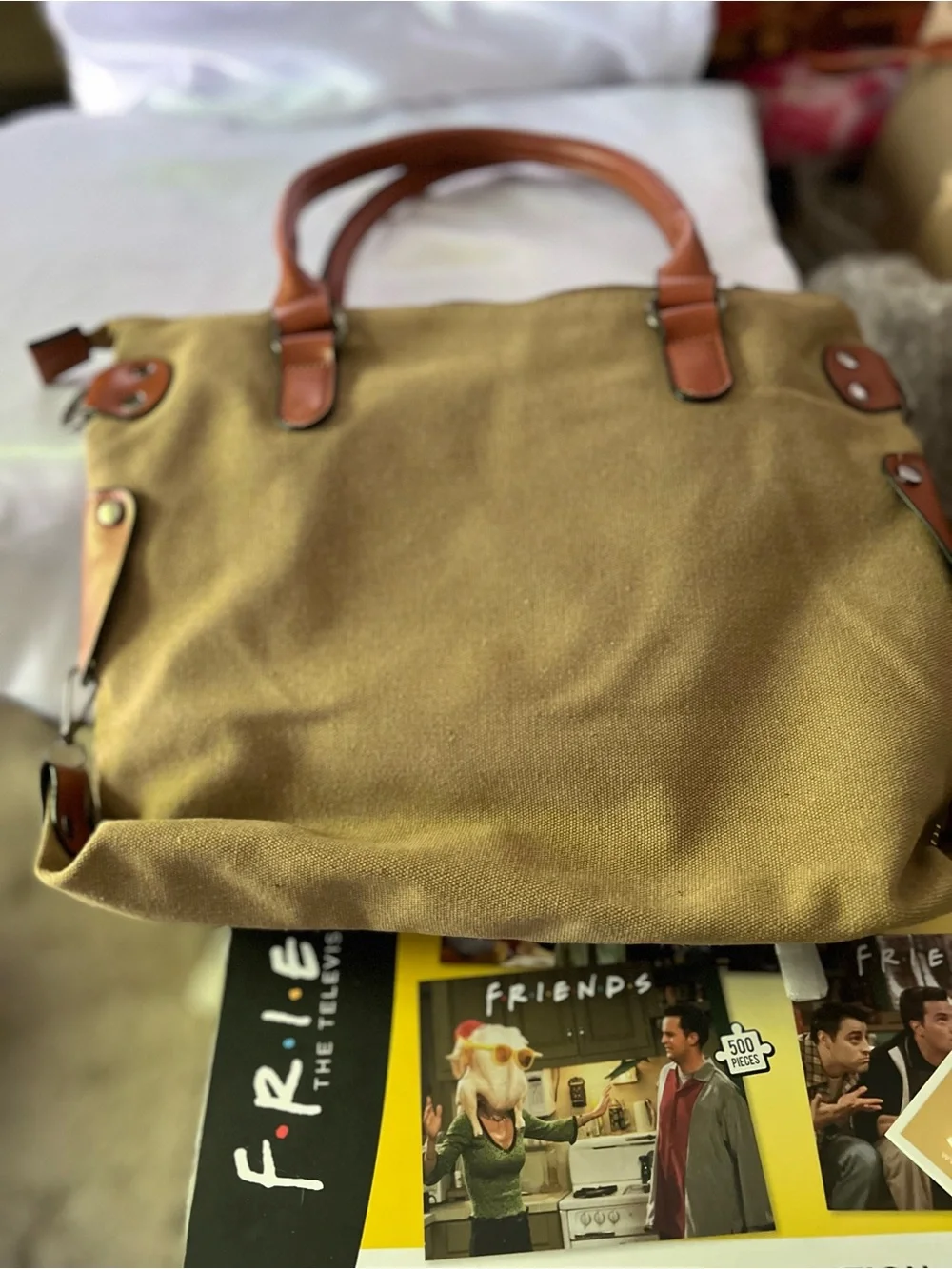 Paris Canvas Tote Bag with Brown Faux-Leather Handles
